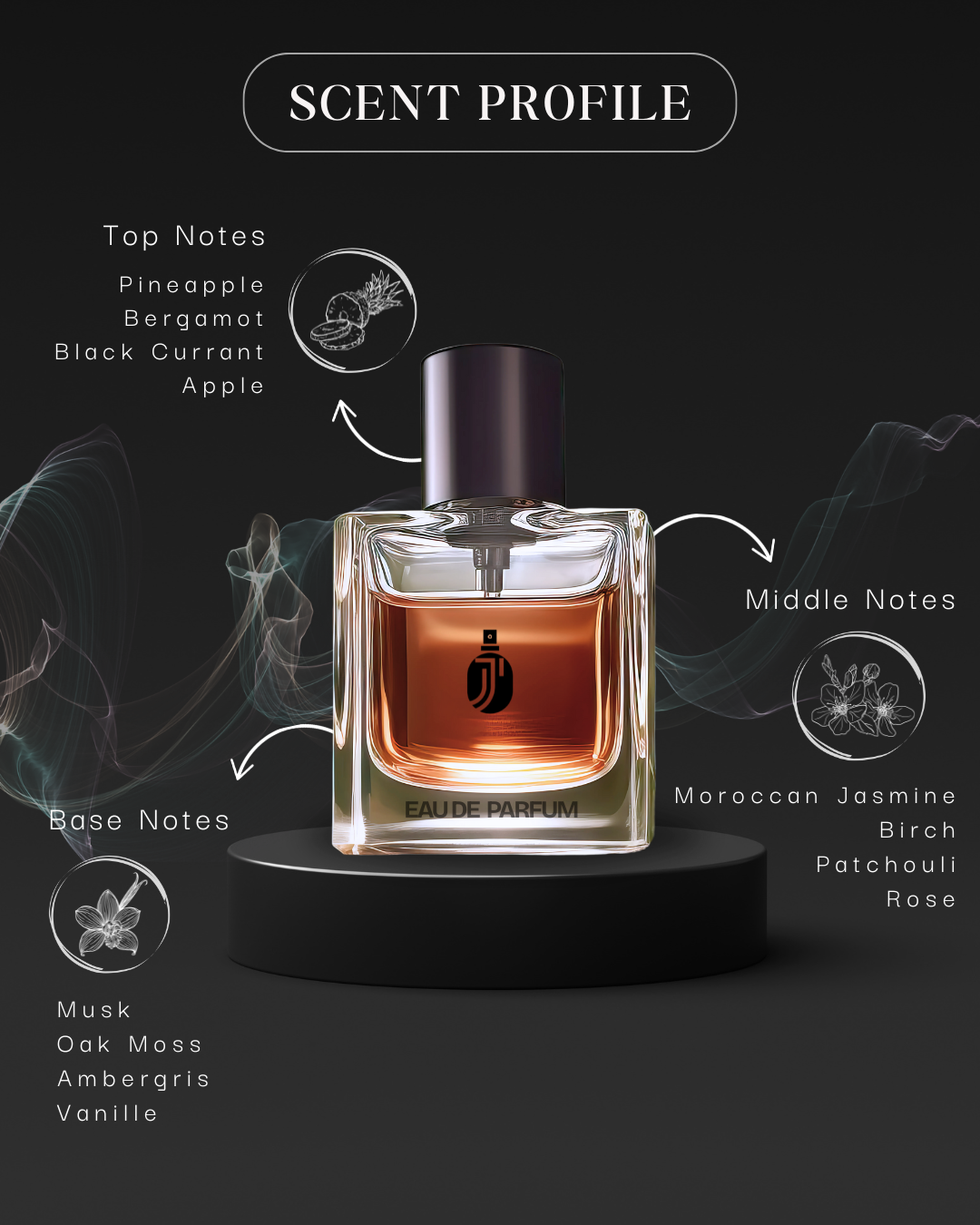 Fragrance note breakdown of Perfumexnow Creed Aventus–inspired perfume, featuring pineapple, birch, musk, and blackcurrant.